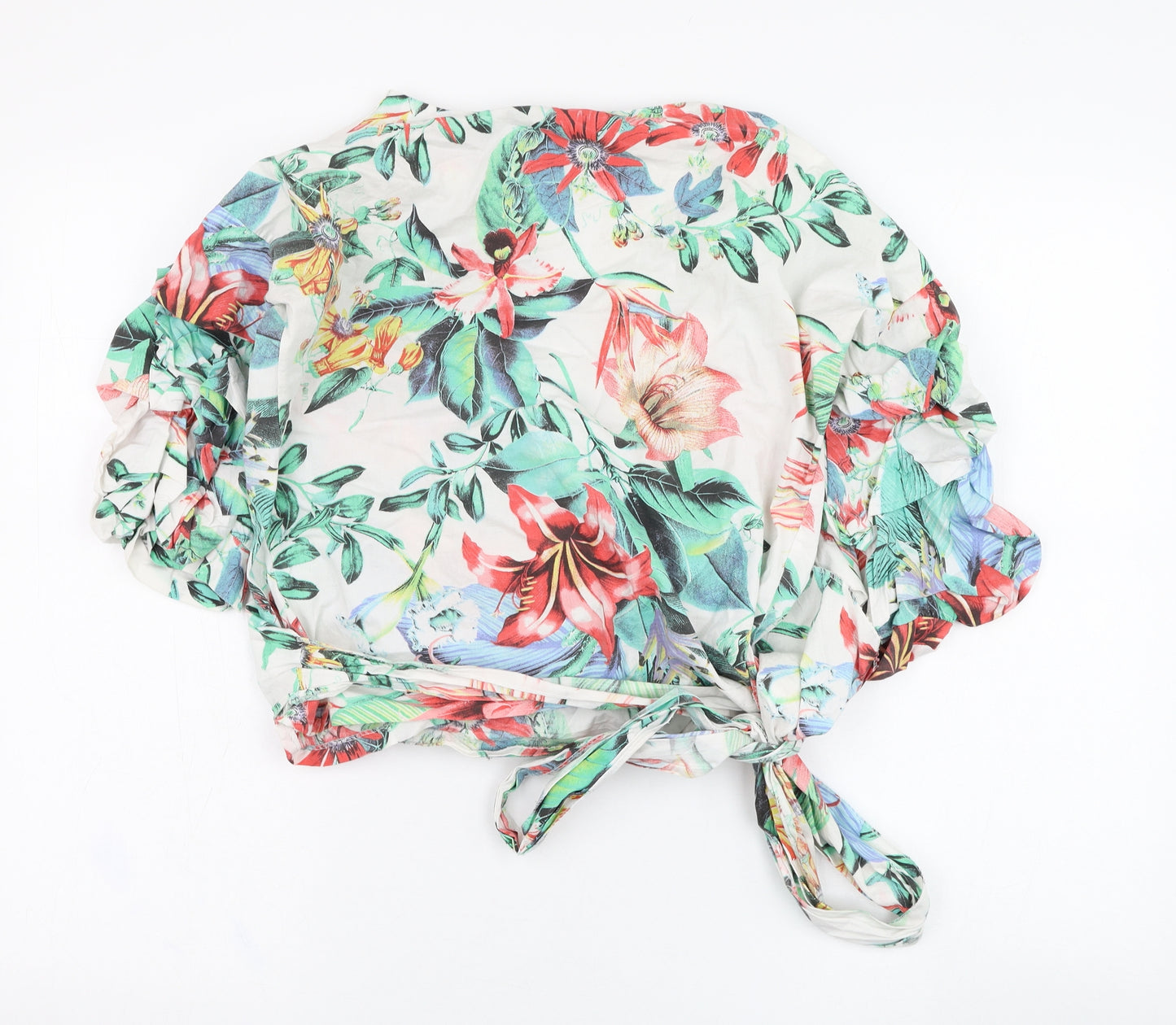 Misspap Womens White Floral Cotton Wrap Blouse Size S V-Neck