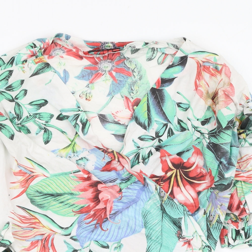Misspap Womens White Floral Cotton Wrap Blouse Size S V-Neck