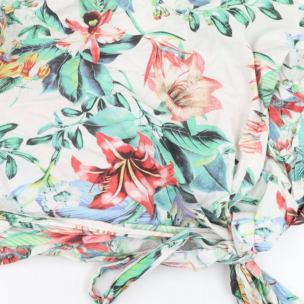 Misspap Womens White Floral Cotton Wrap Blouse Size S V-Neck