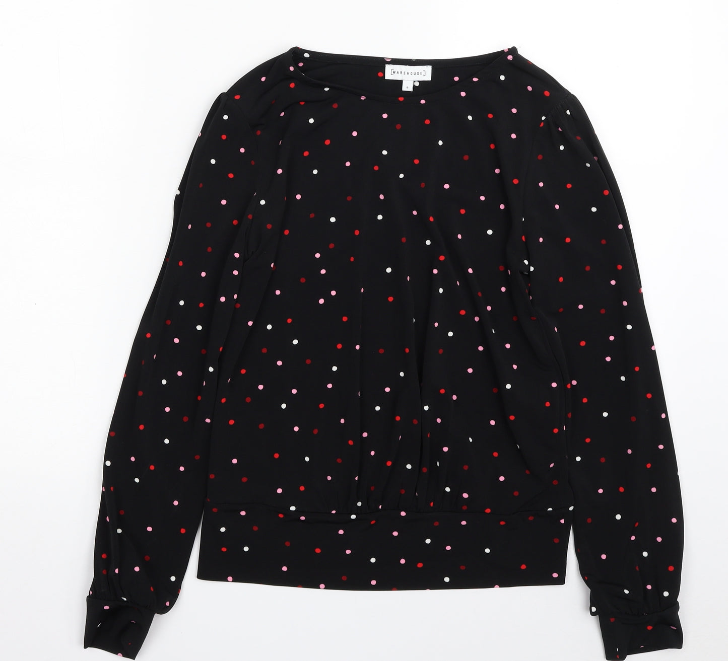 Warehouse Womens Black Polka Dot Polyester Basic Blouse Size 8 Crew Neck