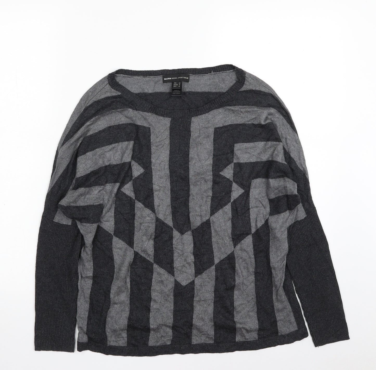 Mango Womens Grey Boat Neck Geometric Viscose Pullover Jumper Size M
