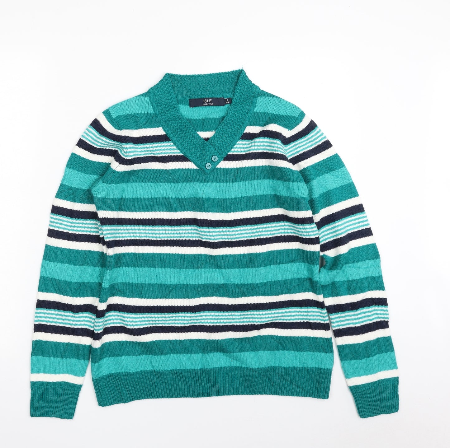 Isle Womens Green V-Neck Striped Acrylic Pullover Jumper Size 10   - Size 10-12