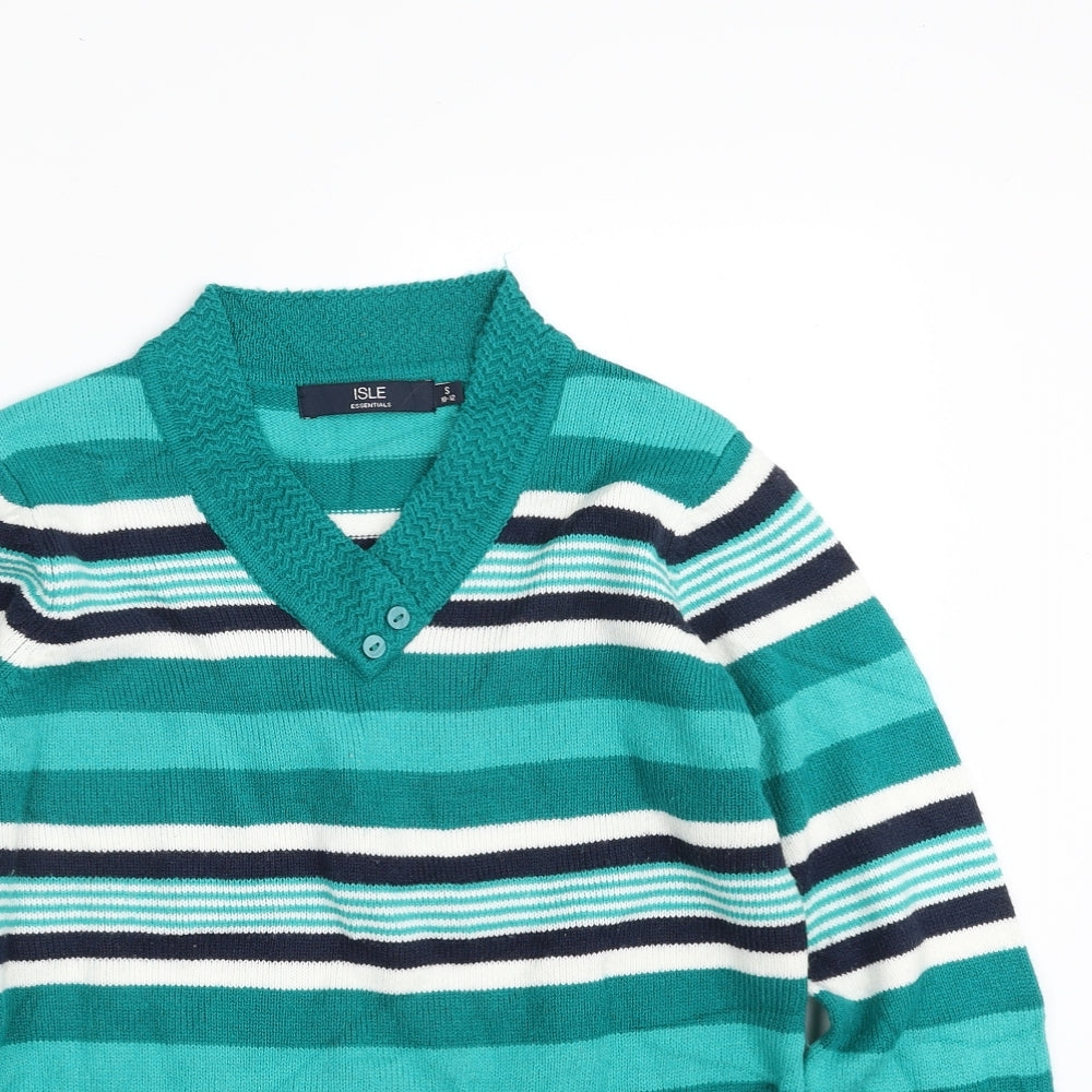 Isle Womens Green V-Neck Striped Acrylic Pullover Jumper Size 10   - Size 10-12