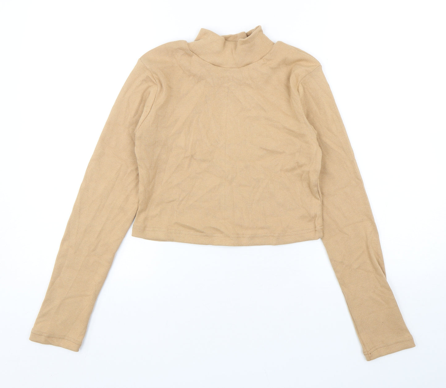 Missguided Womens Beige  Polyester Cropped T-Shirt Size 8 Mock Neck