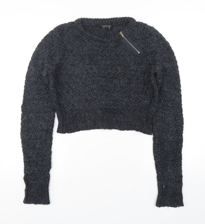 Topshop Womens Grey Round Neck Acrylic Pullover Jumper Size 10 - Cropped