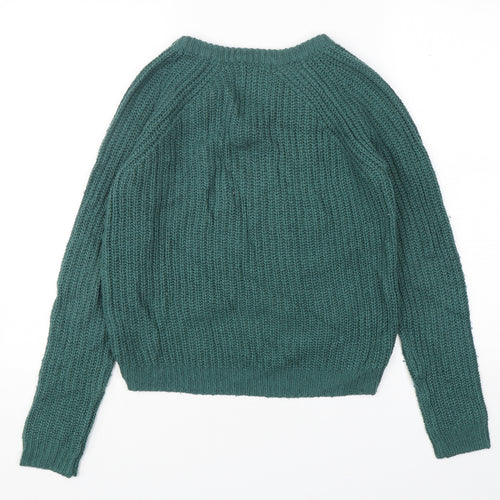 First And I Womens Green V-Neck  Acrylic Pullover Jumper Size XS