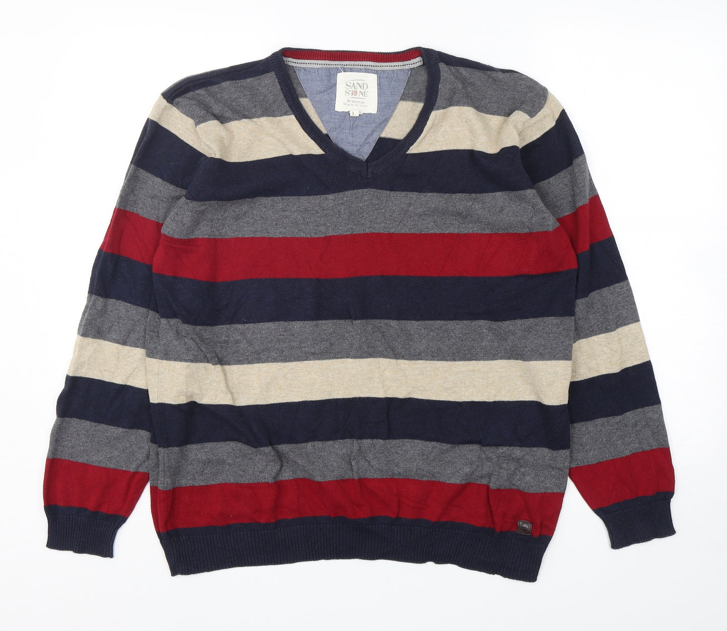 Sand Stone Mens Multicoloured V-Neck Striped Cotton Pullover Jumper Size L