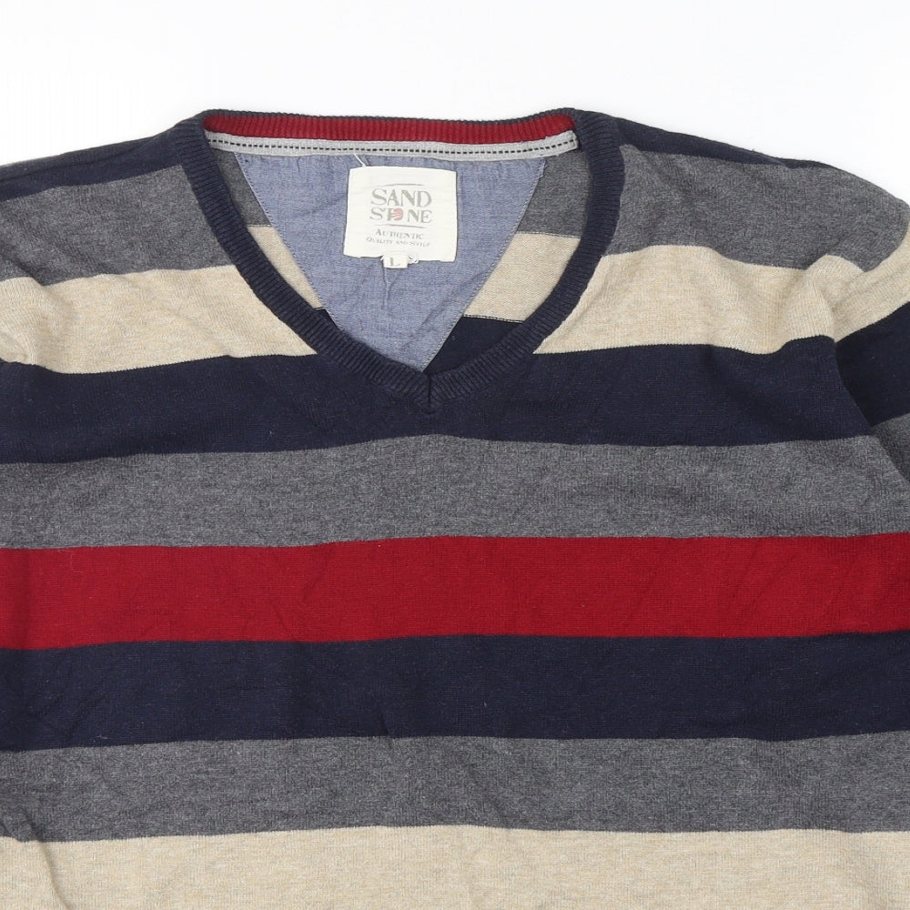 Sand Stone Mens Multicoloured V-Neck Striped Cotton Pullover Jumper Size L