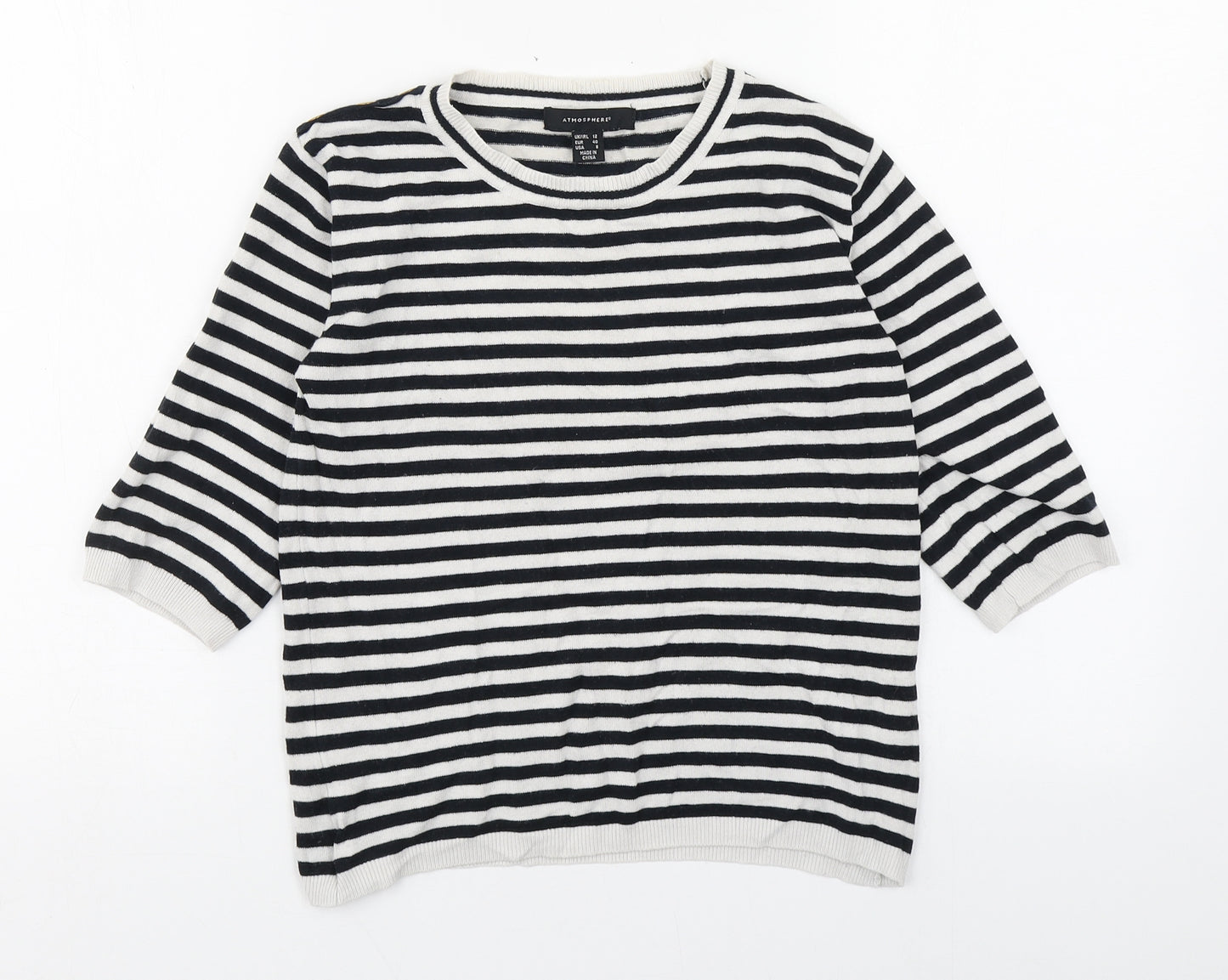 Atmosphere Womens Black Striped Cotton Basic T-Shirt Size 12 Round Neck