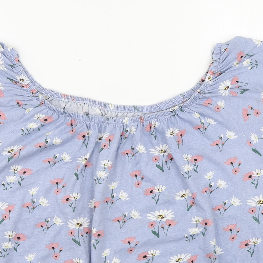 Matalan Womens Blue Floral 100% Cotton Basic Blouse Size 14 Off the Shoulder