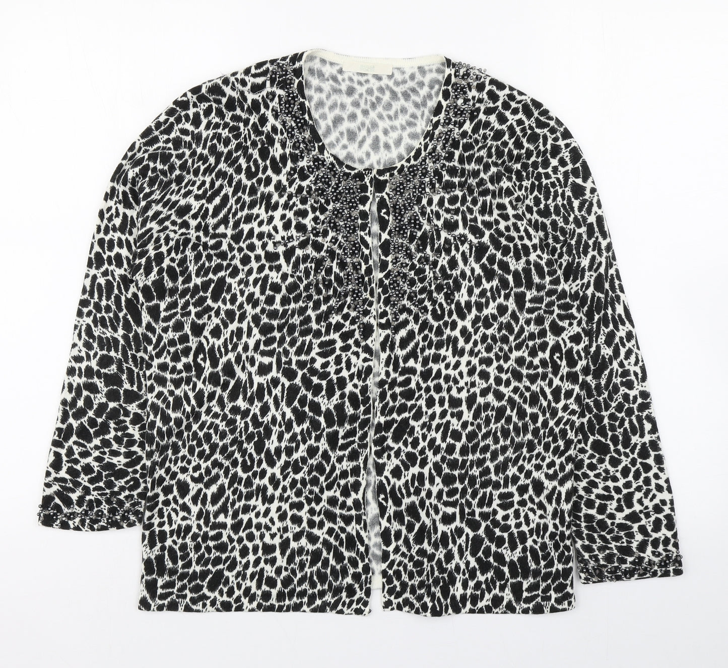 Marks and Spencer Womens Black Scoop Neck Animal Print Acrylic Cardigan Jumper Size 14