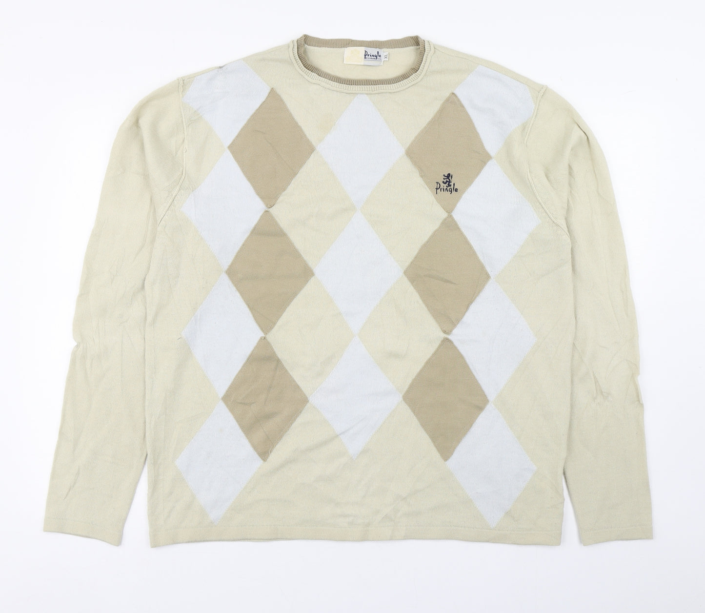 Pringle Mens Beige Round Neck Argyle/Diamond Acrylic Pullover Jumper Size XL
