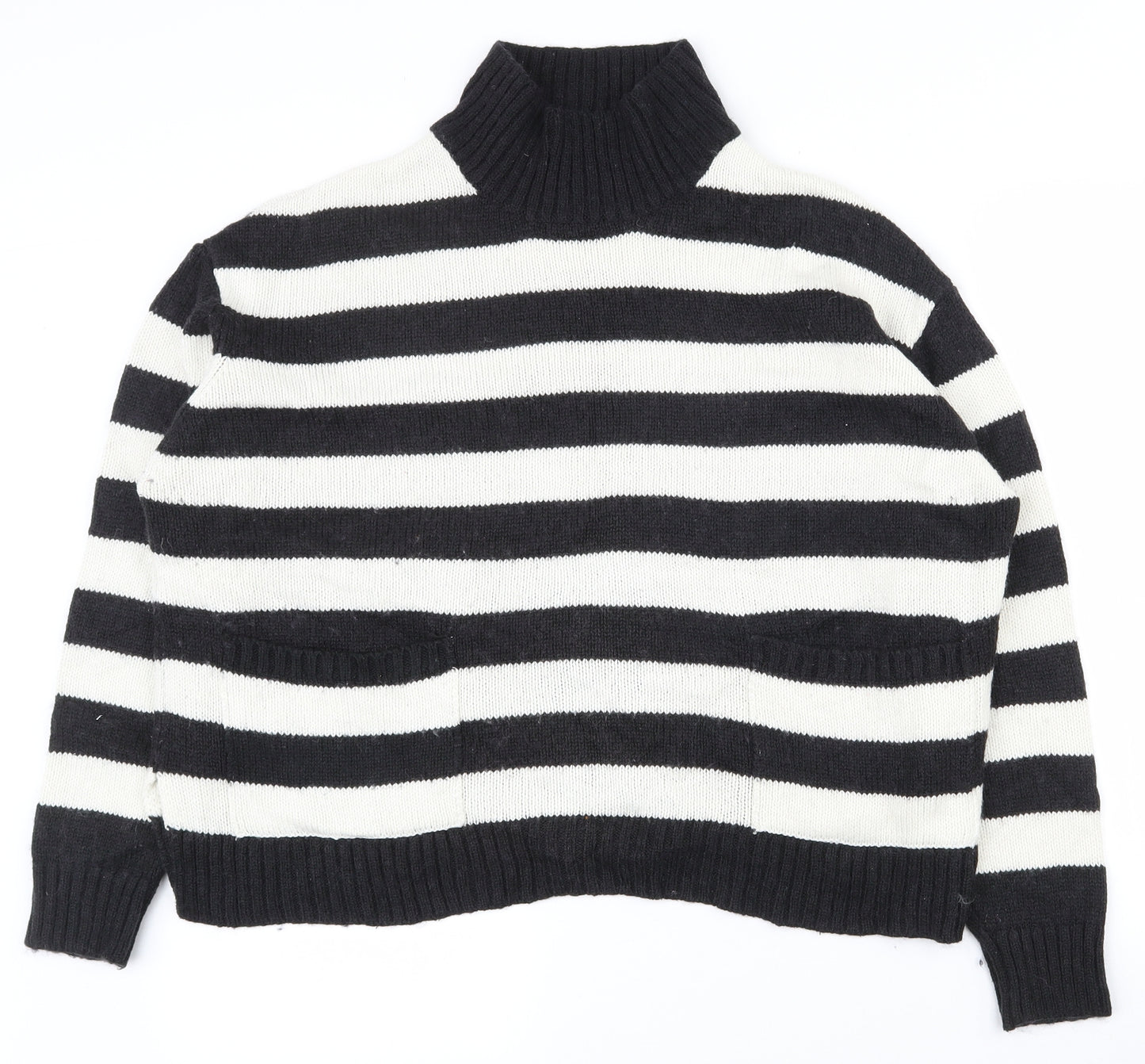Marks and Spencer Womens Black High Neck Striped Acrylic Pullover Jumper Size L