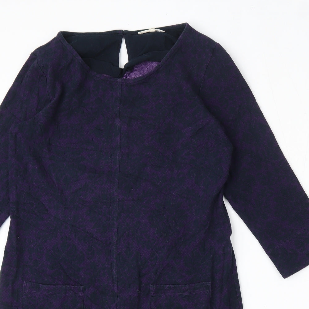 White Stuff Womens Purple Floral Cotton Shift  Size 12  Round Neck Hook & Eye