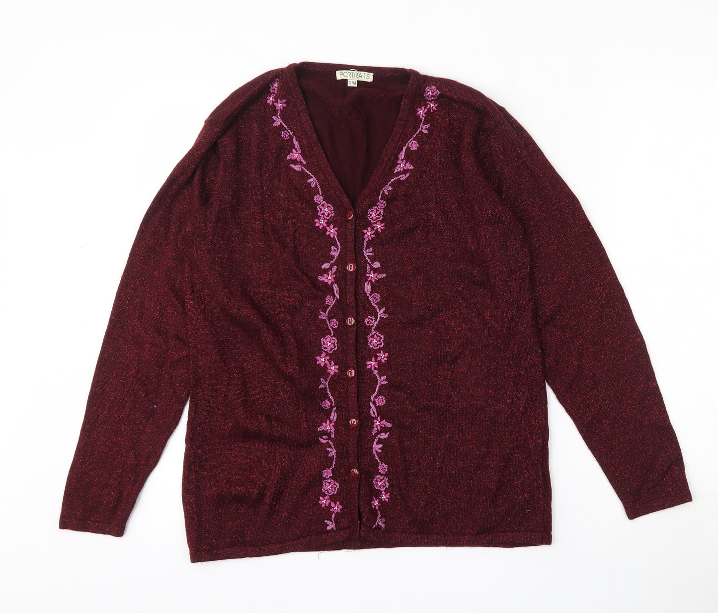 Portraits Womens Red V-Neck Floral Acrylic Cardigan Jumper Size S