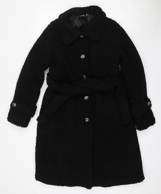 Front view of Boohoo women’s black pea coat jacket, size UK 10, button