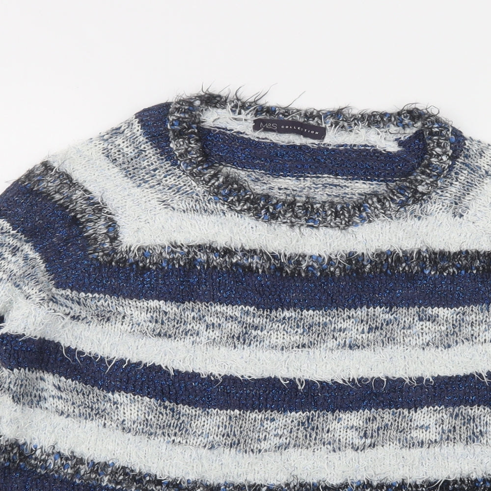 Marks and Spencer Womens Blue Scoop Neck Striped Acrylic Pullover Jumper Size 10
