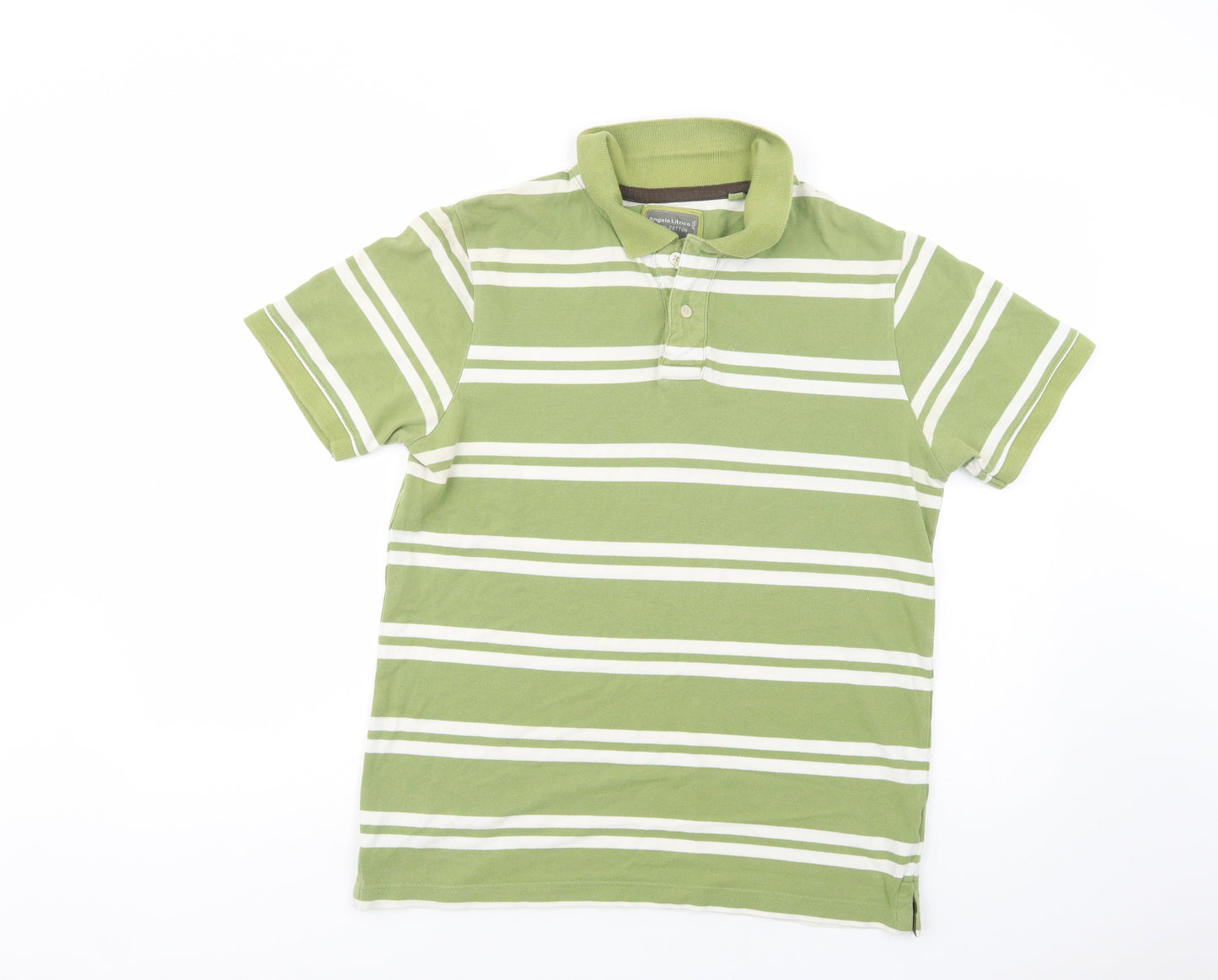 Angelo Litrico Mens Green Striped Cotton  Polo Size L Collared Button