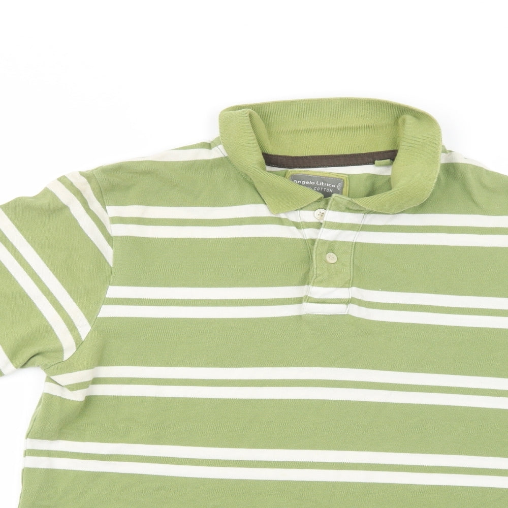 Angelo Litrico Mens Green Striped Cotton  Polo Size L Collared Button