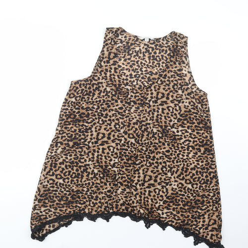 Charming Charlie Womens Brown Animal Print Polyester Basic Blouse Size L Scoop Neck