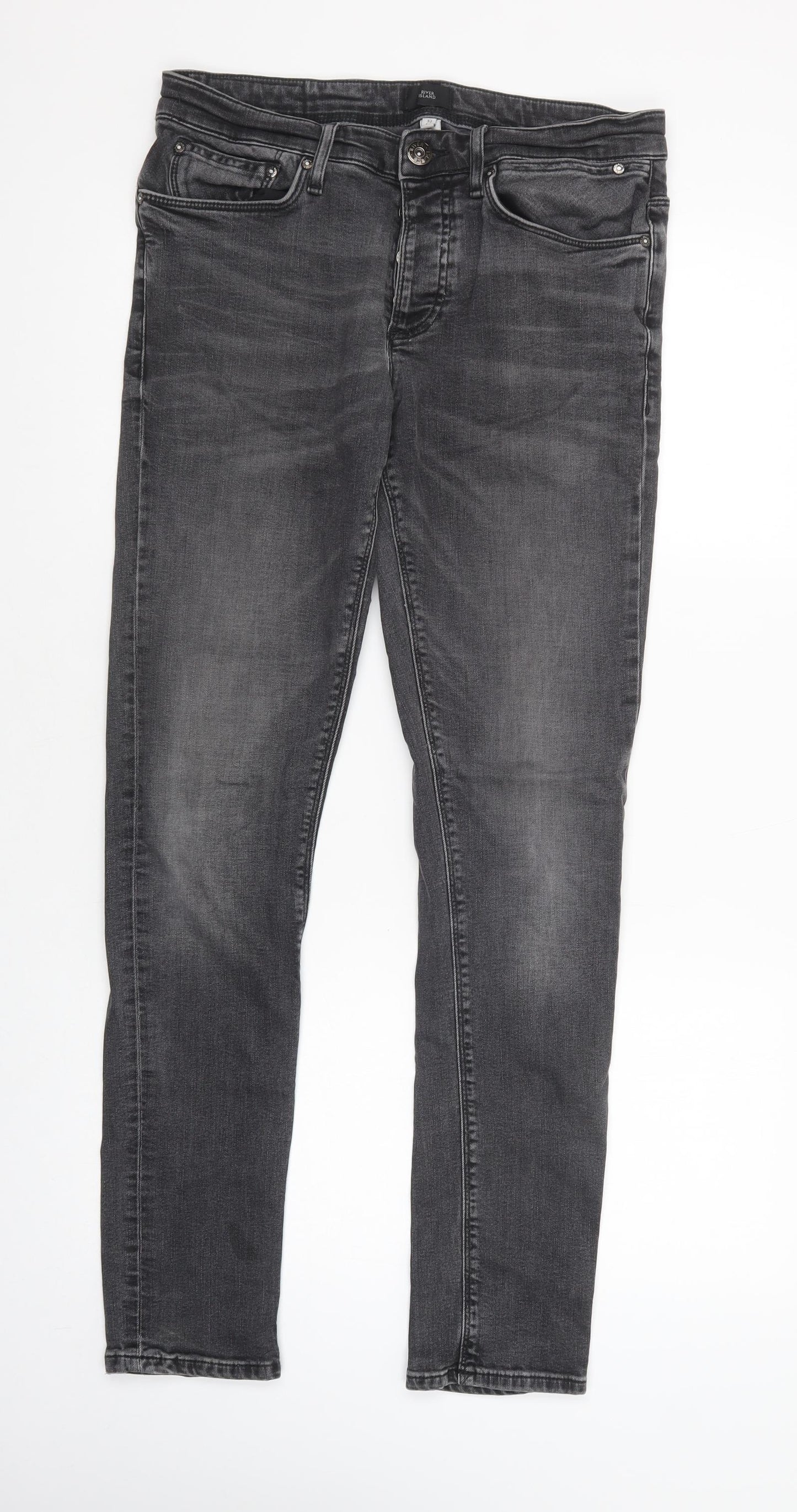 River Island Mens Grey  Cotton Skinny Jeans Size 32 in L34 in Regular Button