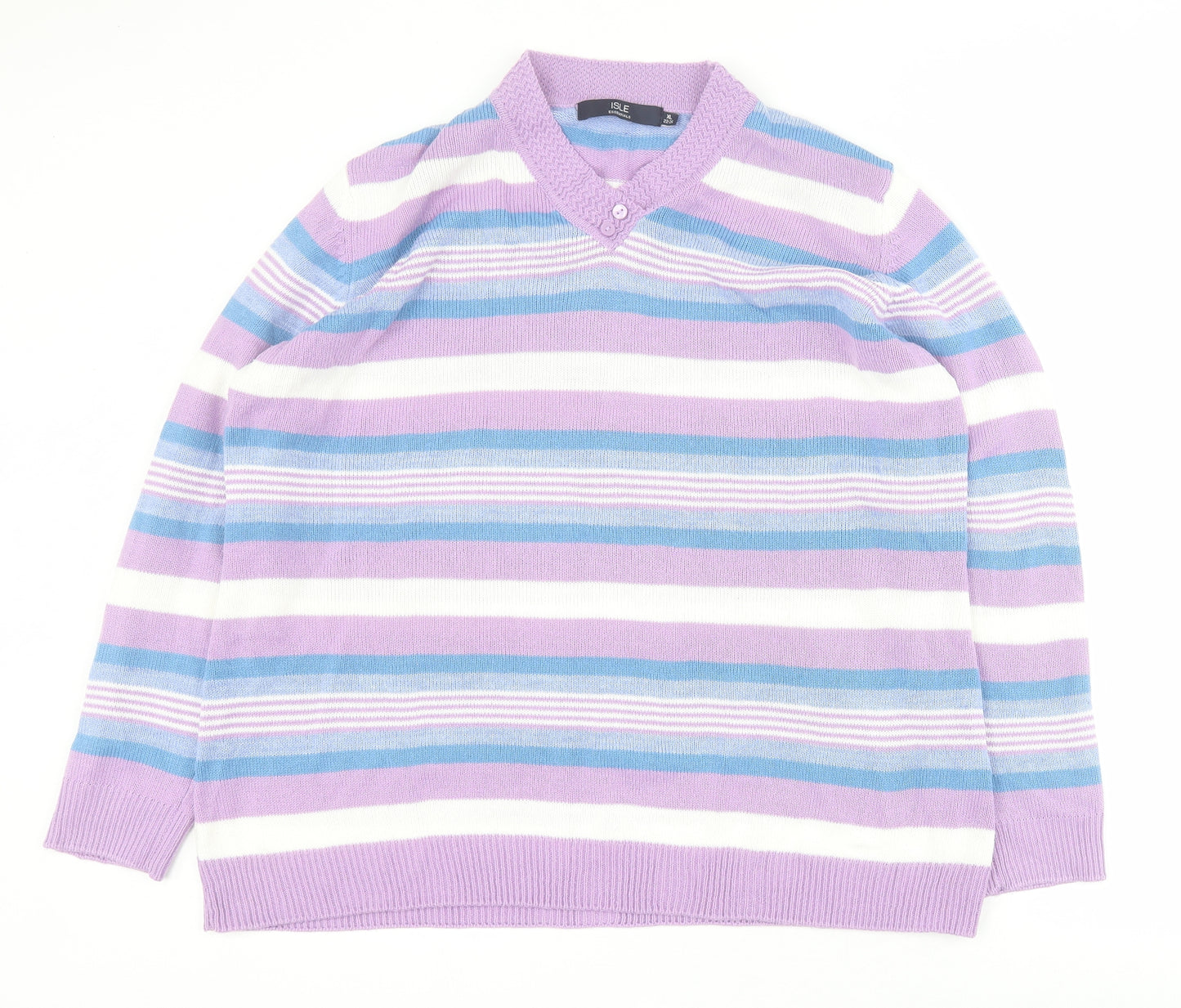 Isle Essentials Womens Pink V-Neck Striped Acrylic Pullover Jumper Size XL