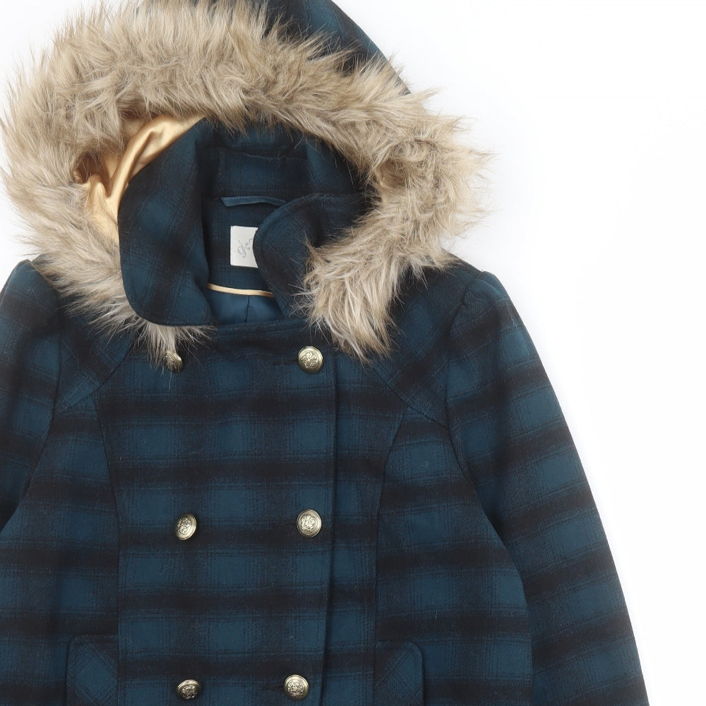 George Womens Blue Plaid  Pea Coat Coat Size 14  Button