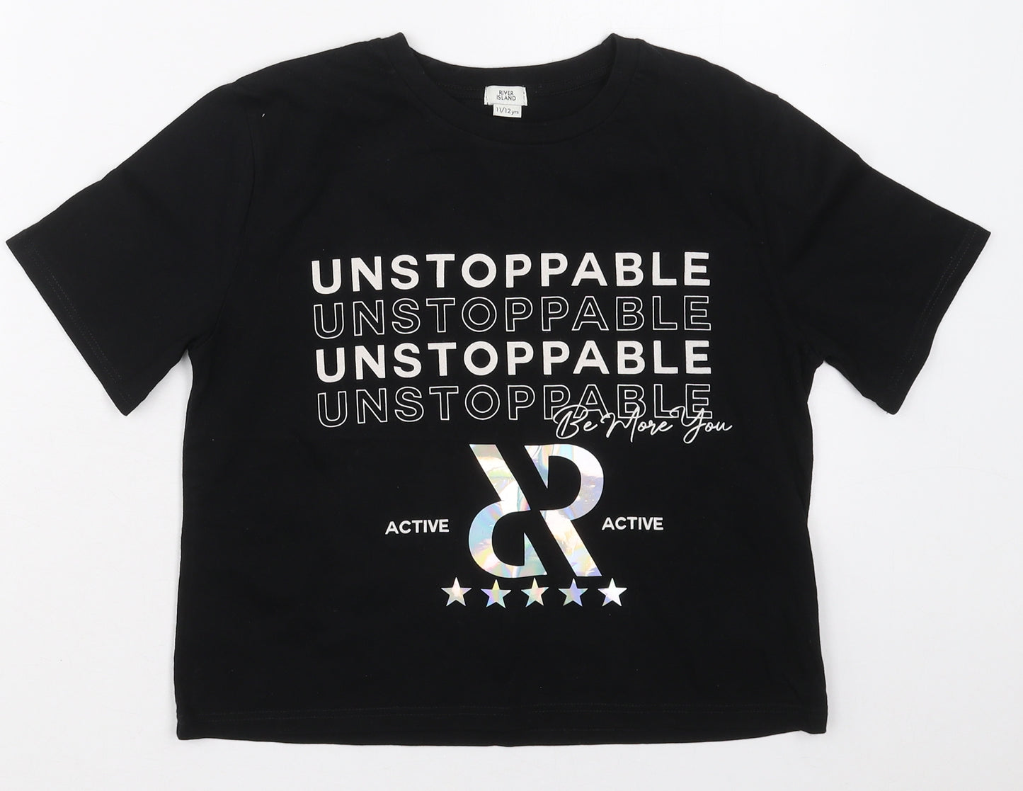 River Island Girls Black  Cotton Basic T-Shirt Size 11-12 Years Crew Neck Pullover - Unstoppable