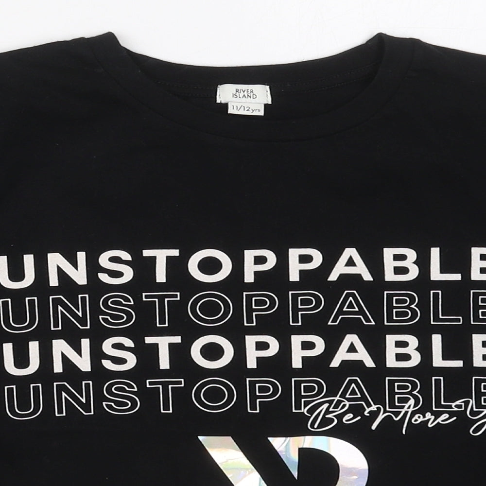 River Island Girls Black  Cotton Basic T-Shirt Size 11-12 Years Crew Neck Pullover - Unstoppable