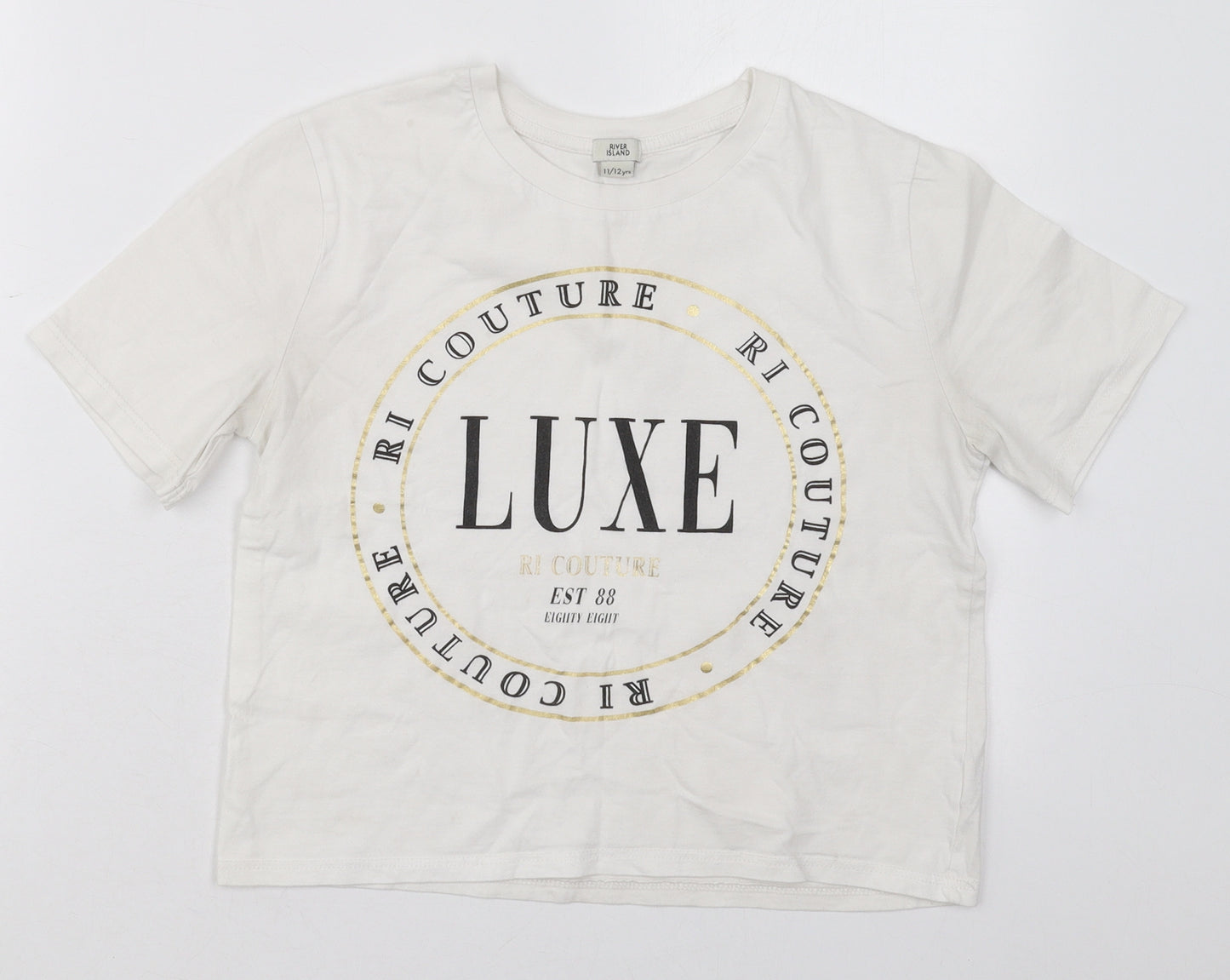 River Island Girls White  Cotton Basic T-Shirt Size 11-12 Years Crew Neck Pullover - Luxe
