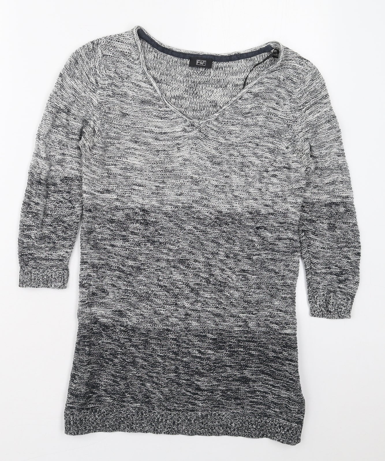 F&F Womens Grey V-Neck Striped Cotton Pullover Jumper Size 8