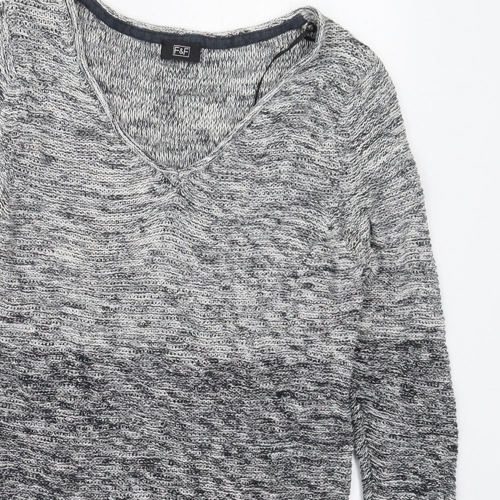 F&F Womens Grey V-Neck Striped Cotton Pullover Jumper Size 8
