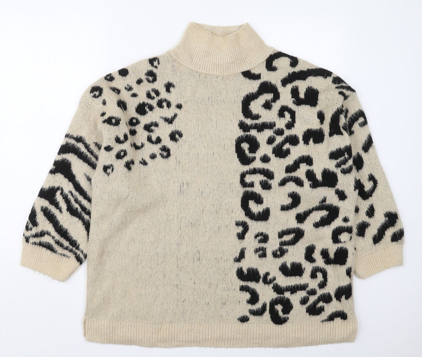 Topshop Womens Beige Mock Neck Animal Print Acrylic Pullover Jumper Size S