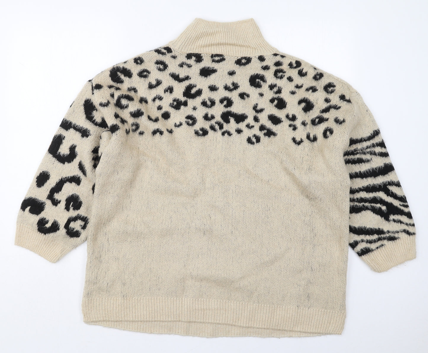 Topshop Womens Beige Mock Neck Animal Print Acrylic Pullover Jumper Size S