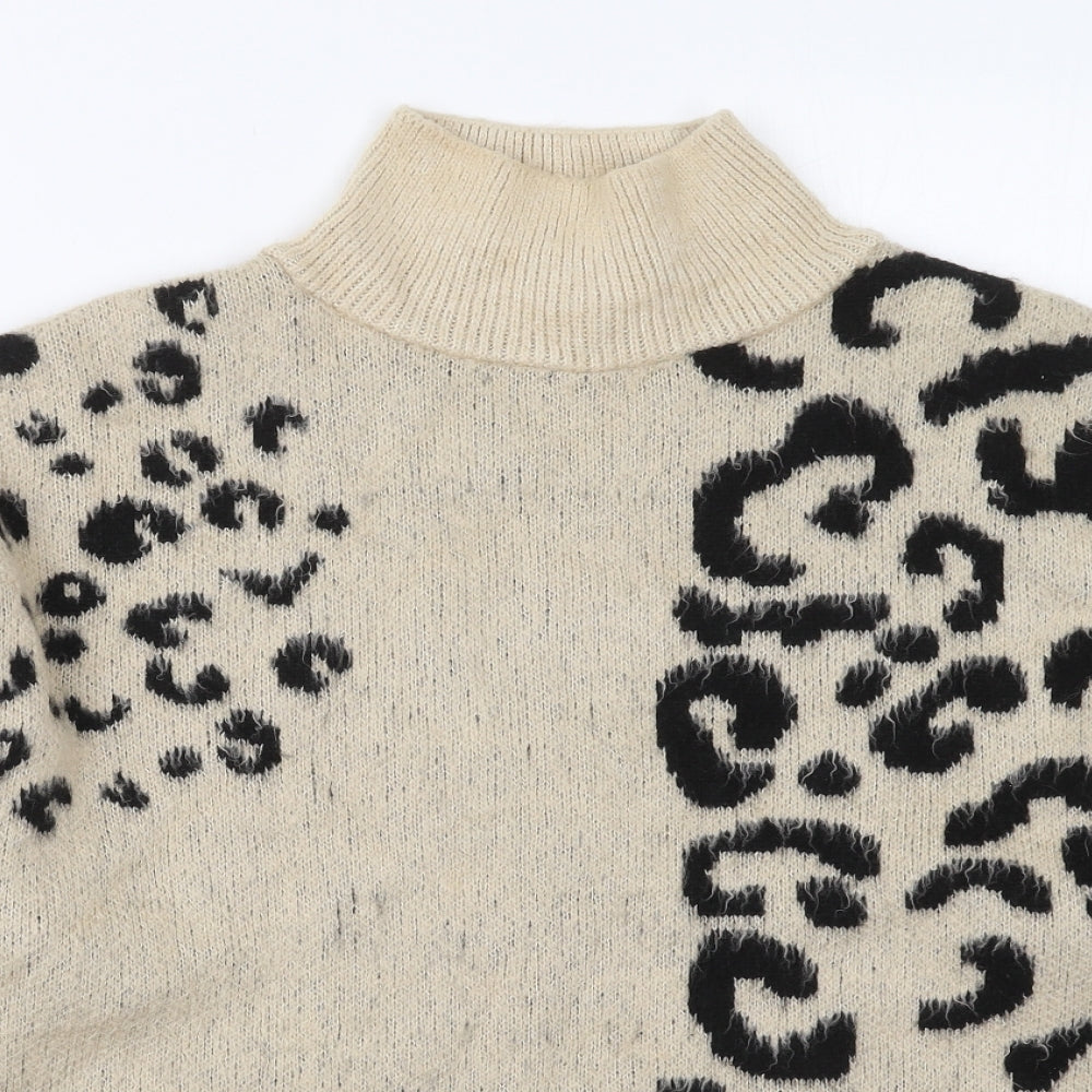 Topshop Womens Beige Mock Neck Animal Print Acrylic Pullover Jumper Size S