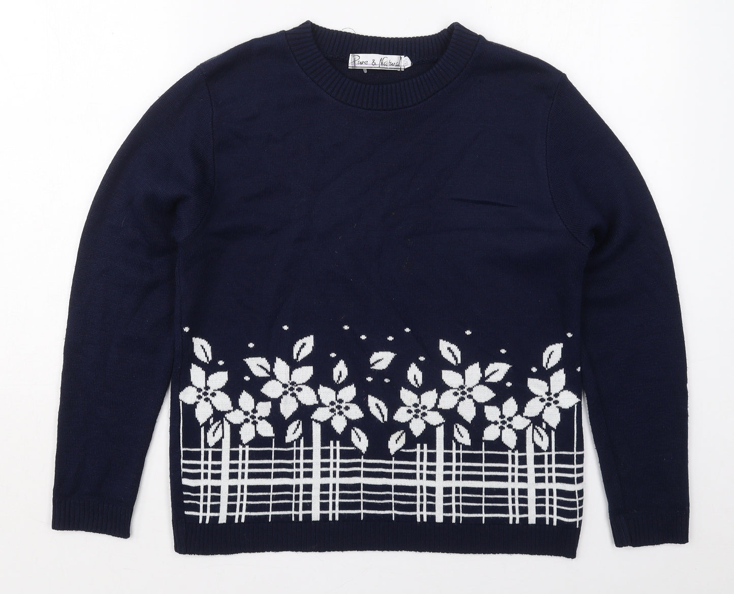 Pure & Natural Womens Blue Crew Neck Floral Acrylic Pullover Jumper Size M