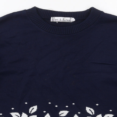 Pure & Natural Womens Blue Crew Neck Floral Acrylic Pullover Jumper Size M