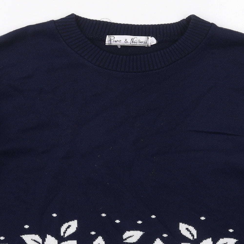 Pure & Natural Womens Blue Crew Neck Floral Acrylic Pullover Jumper Size M