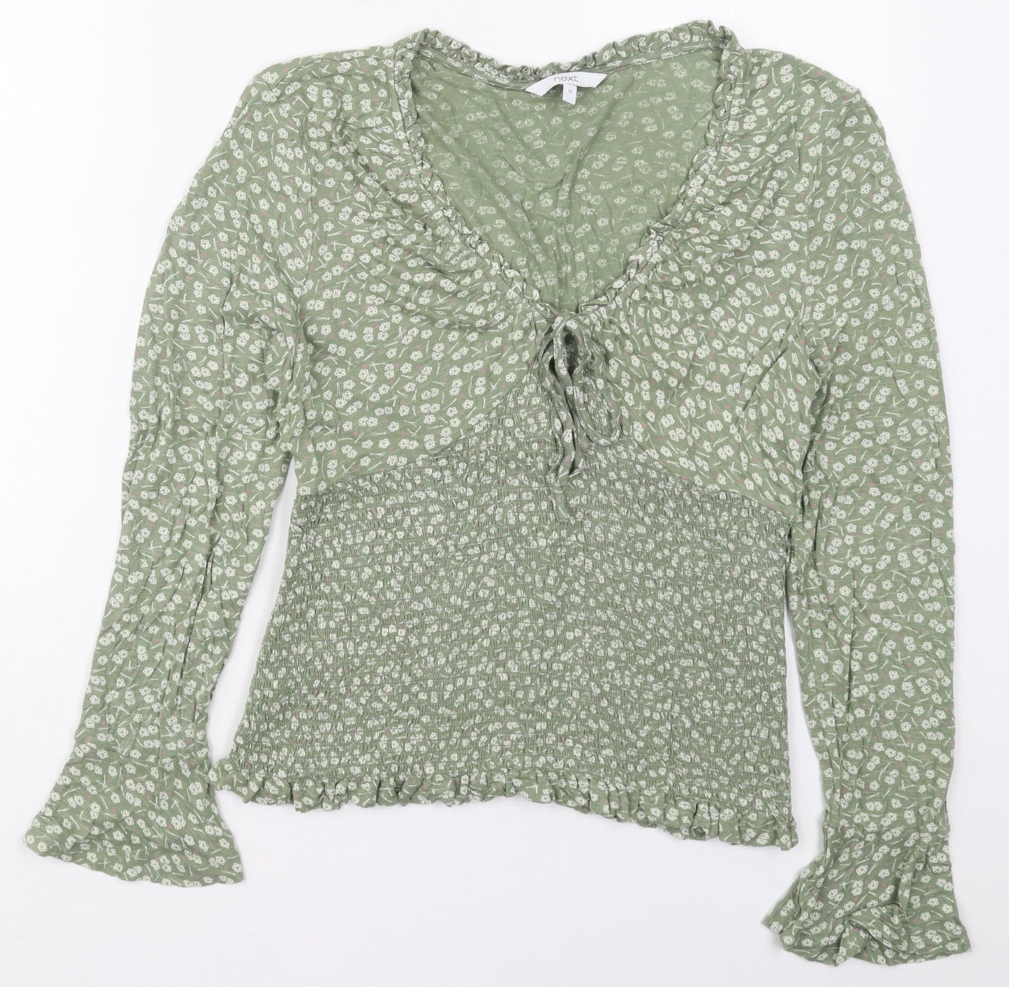NEXT Womens Green Floral Viscose Basic Blouse Size 12 V-Neck
