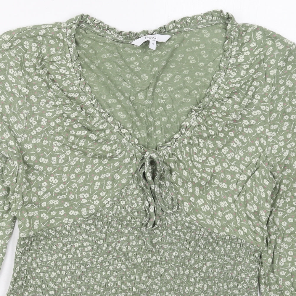 NEXT Womens Green Floral Viscose Basic Blouse Size 12 V-Neck