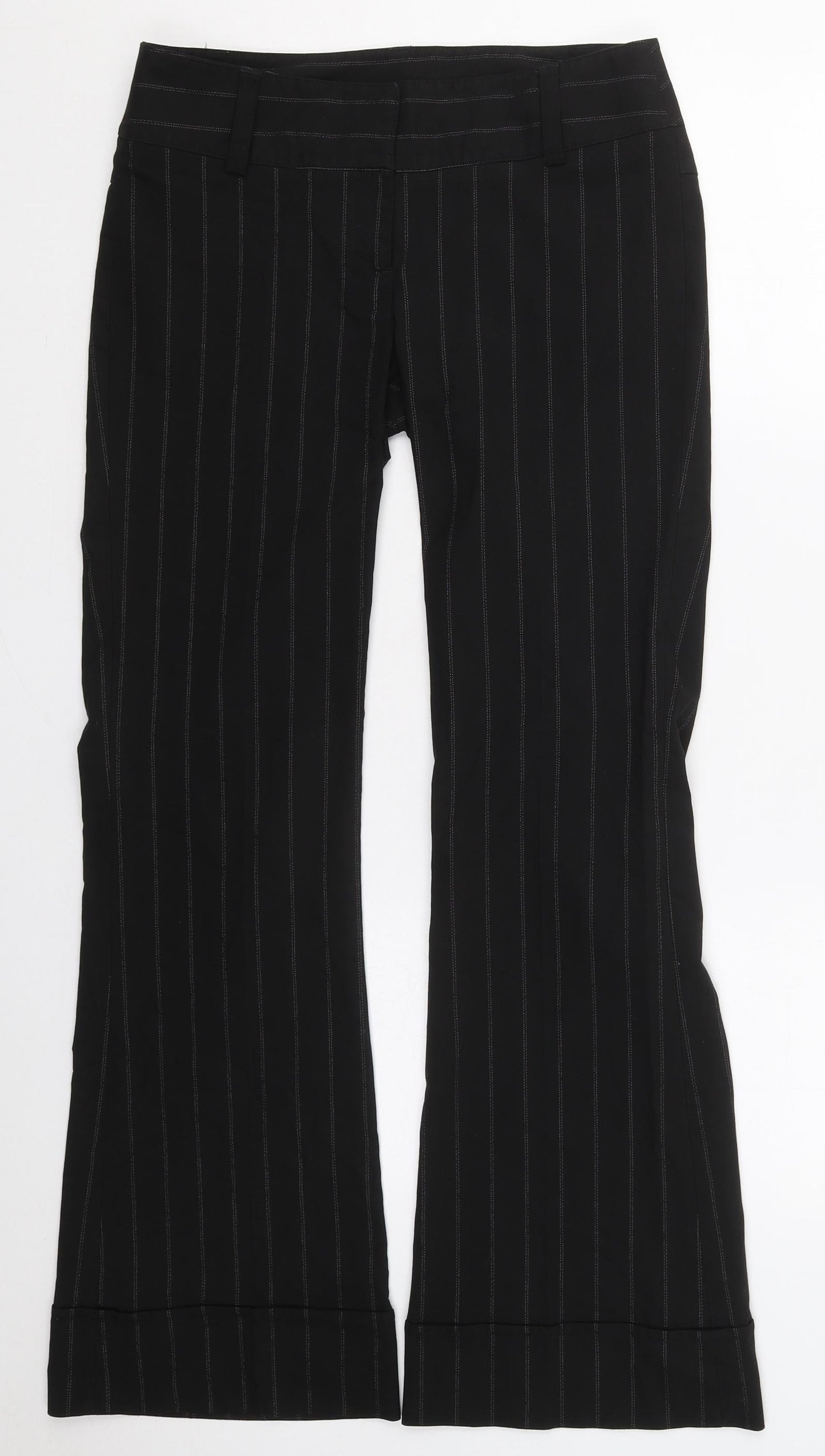 H&M Womens Black Striped Polyester Trousers  Size 12 L30 in Regular Hook & Eye