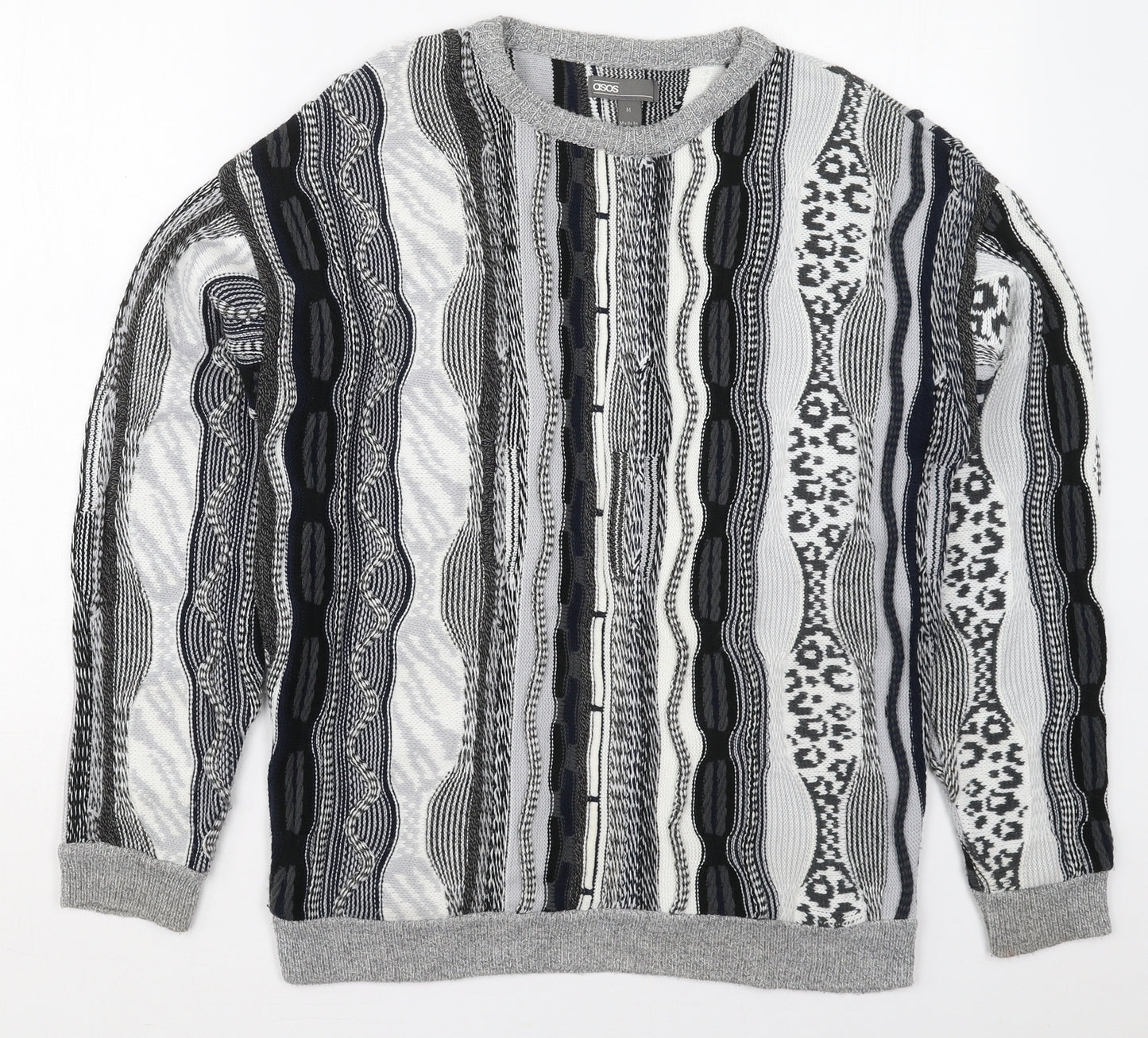 ASOS Mens Grey Crew Neck Geometric Acrylic Pullover Jumper Size M