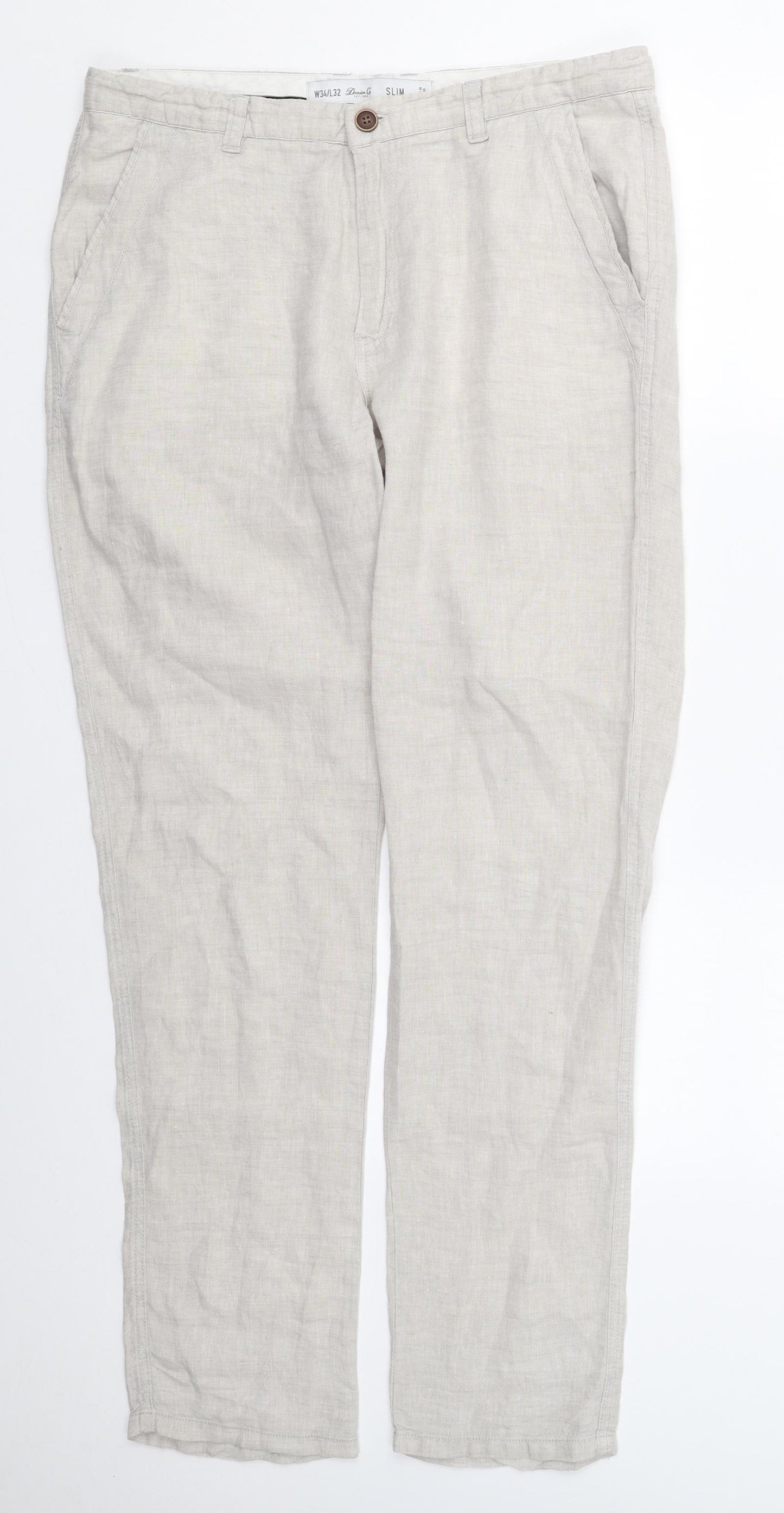 Denim Co Mens Beige  Linen Trousers  Size 34 L32 in Slim Button