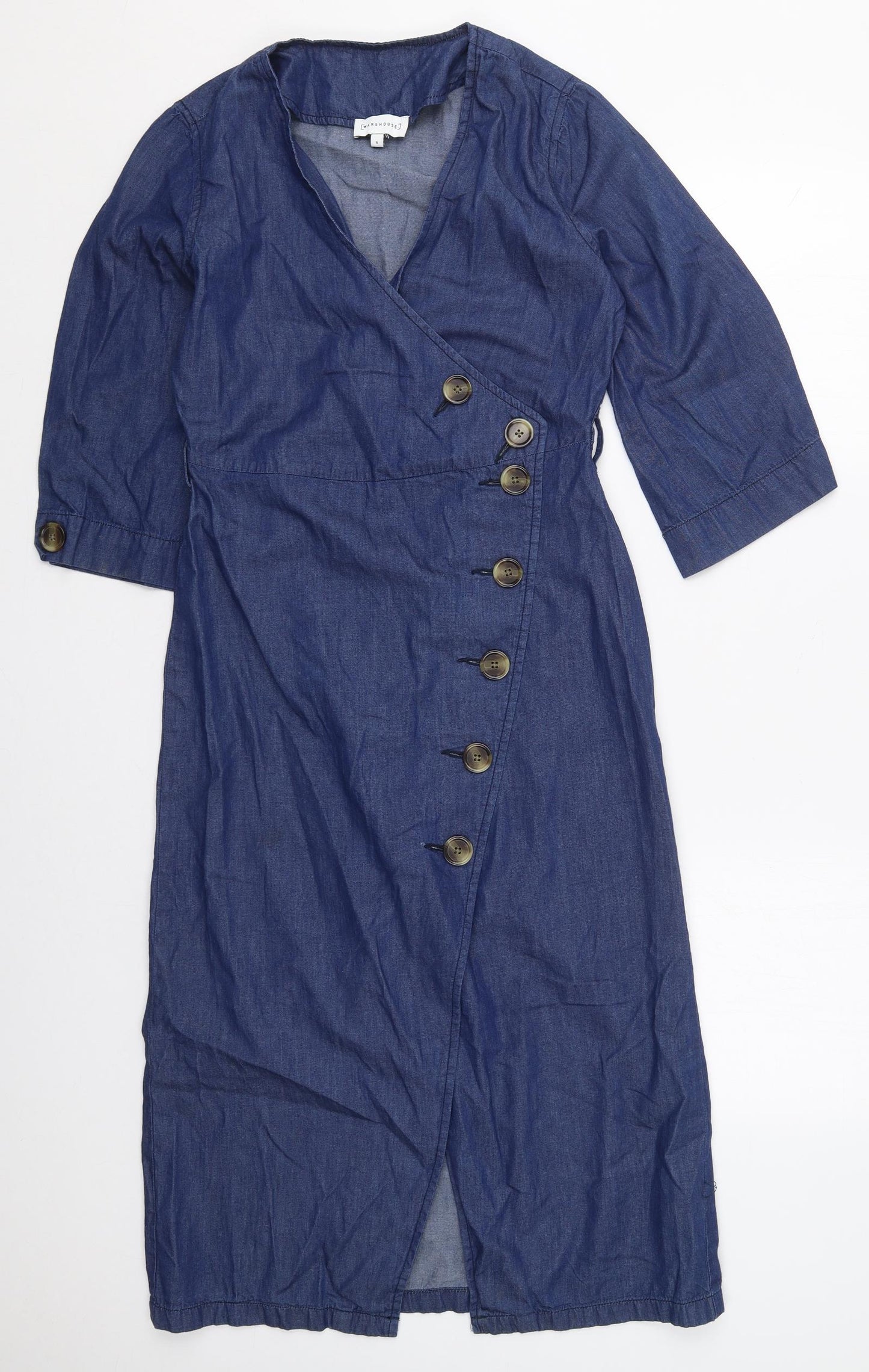 Warehouse Womens Blue  Cotton Wrap Dress  Size 8  V-Neck Button
