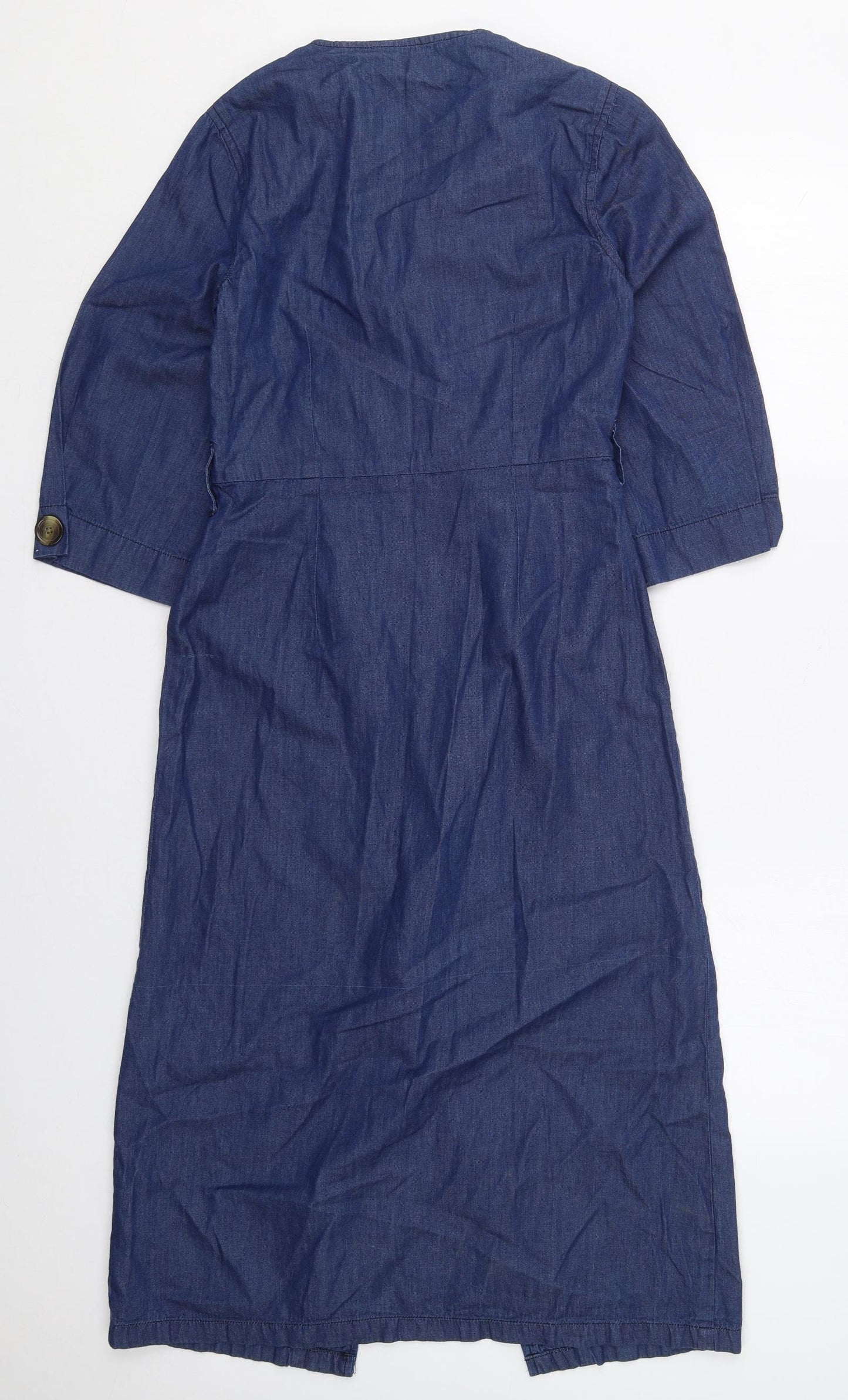 Warehouse Womens Blue  Cotton Wrap Dress  Size 8  V-Neck Button