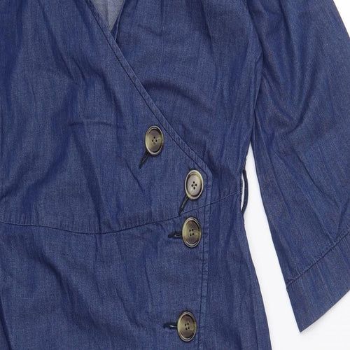 Warehouse Womens Blue  Cotton Wrap Dress  Size 8  V-Neck Button