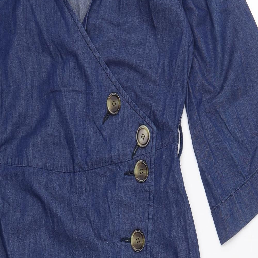 Warehouse Womens Blue  Cotton Wrap Dress  Size 8  V-Neck Button