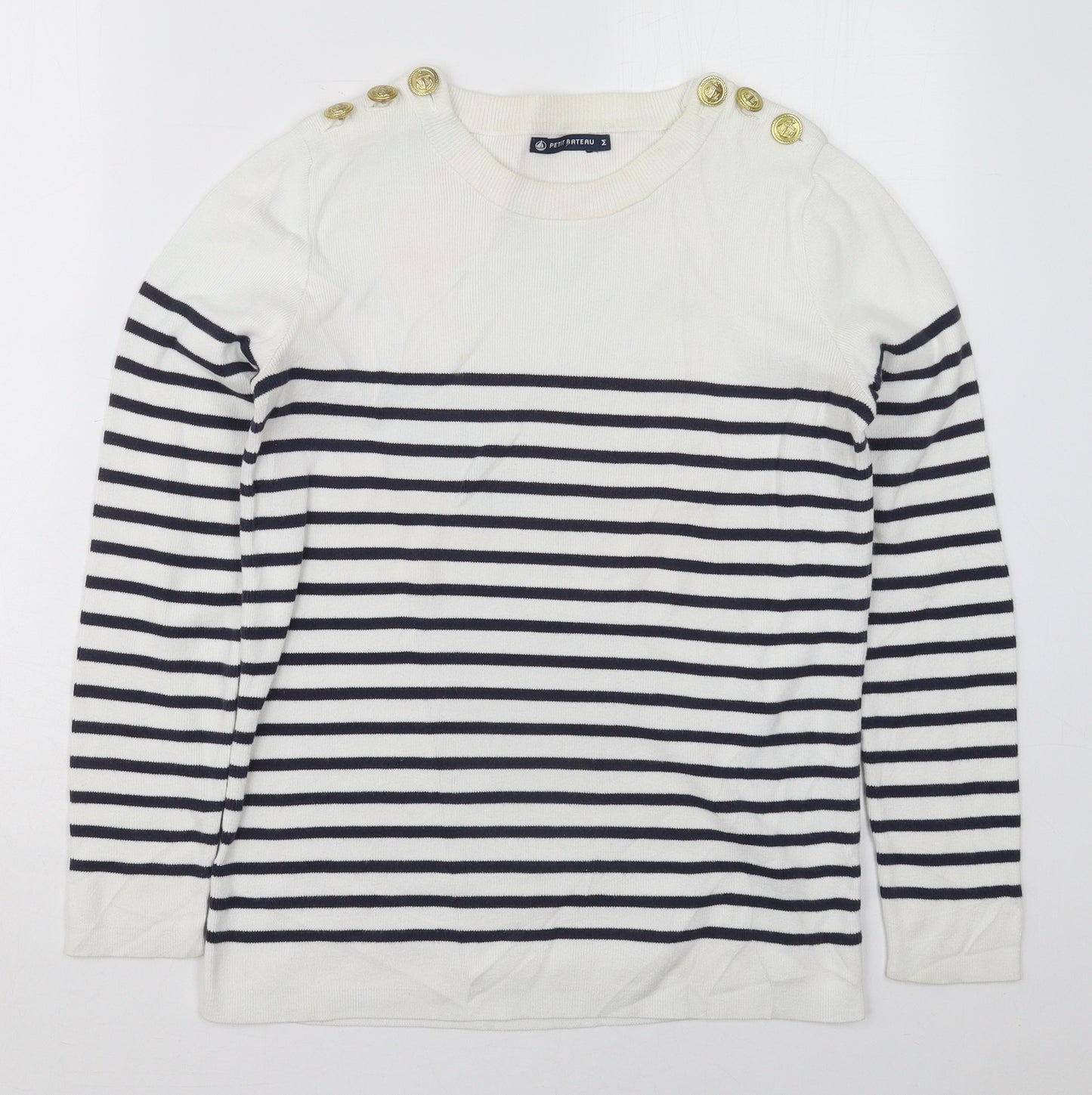 Petit Bateau Womens White Boat Neck Striped Cotton Pullover Jumper Size M