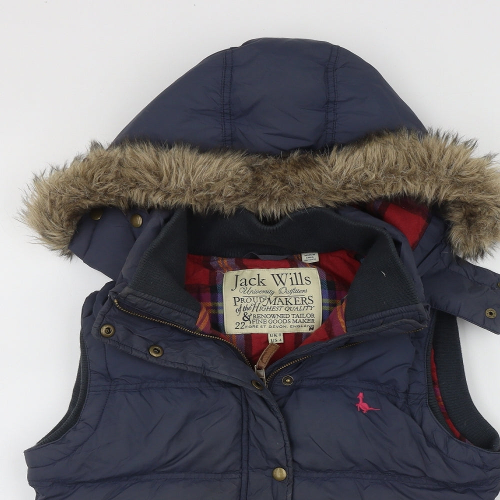 Jack Wills Womens Blue   Gilet Waistcoat Size 8  Zip - Faux Fur Hood