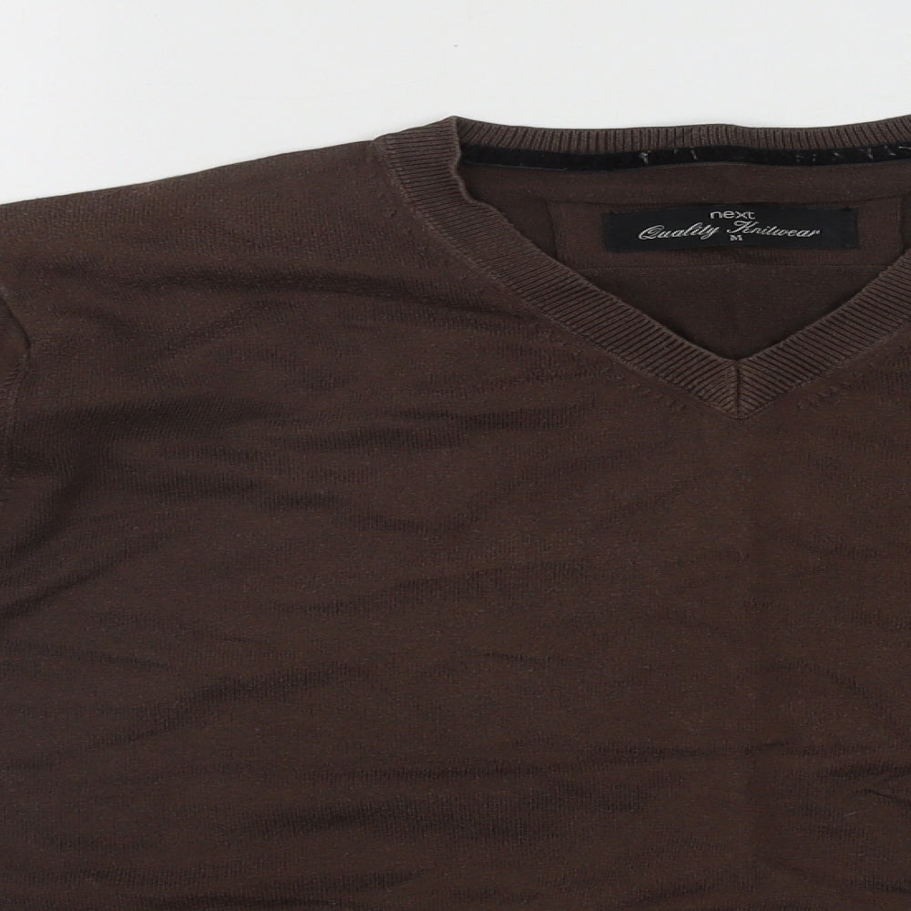 NEXT Mens Brown V-Neck  Cotton Henley Jumper Size M
